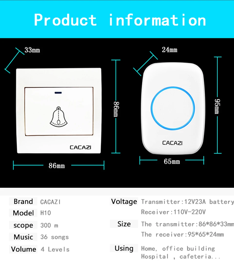 Cacazi, беспроводной дверной звонок Водонепроницаемый 300 м Пульт дистанционного управления 1 кнопка батареи 1 2 приемник домашний дверной звонок led light 36 chime US EU UK Plug