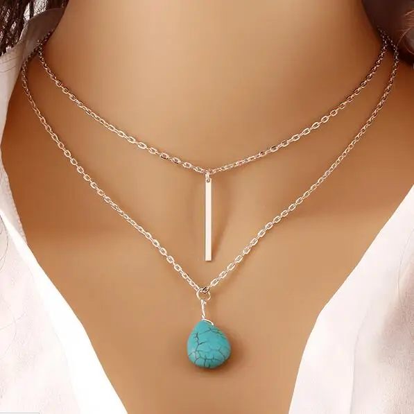 

2017 Fashion Bohemia Blue stoneLong Double Chain Pendant Necklace Punk Classic Summer Chain Necklaces Jewellery Women