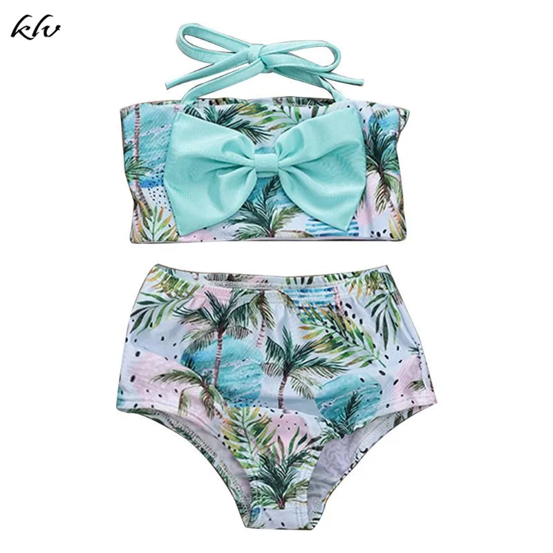 

2 Pcs/set Children Kids Cute Swimsuit Coconut Wave Printing Girls Sling Split Type Swimsuits Seaside Swimming Pool Clothes Suit