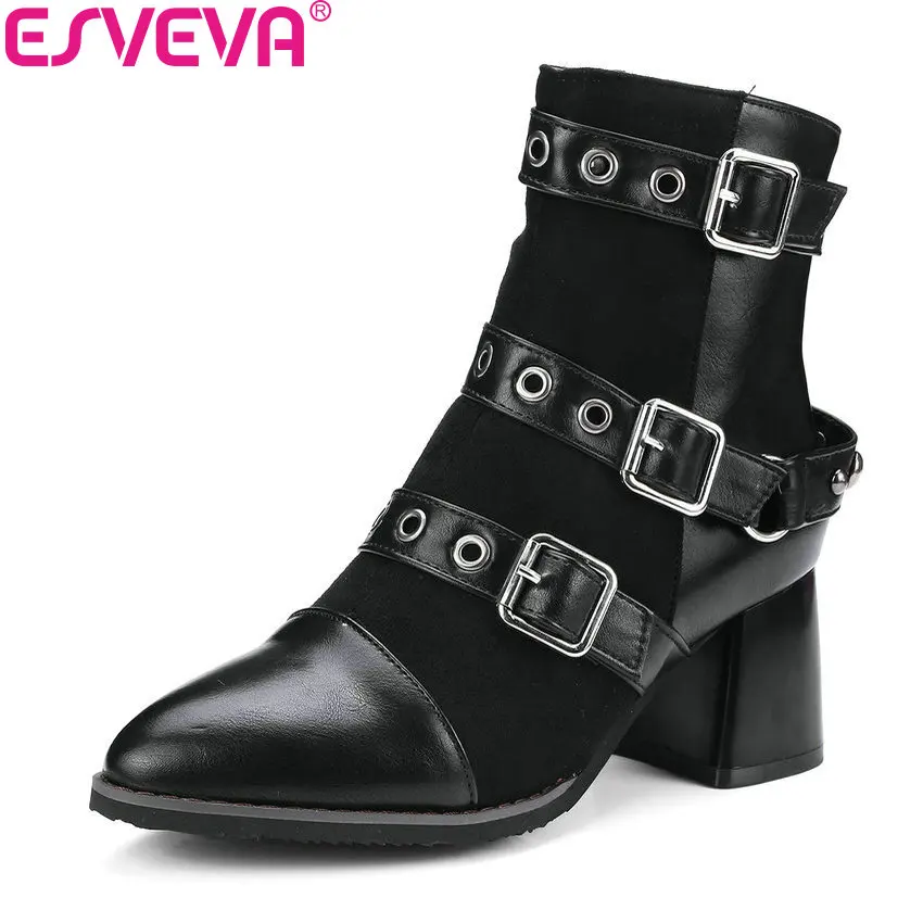 

ESVEVA 2018 Women Boots Flock+PU Warm Fur Square High Heel Pointed Toe Ankle Boots Out Door Western Style Lady Boots Size 34-43