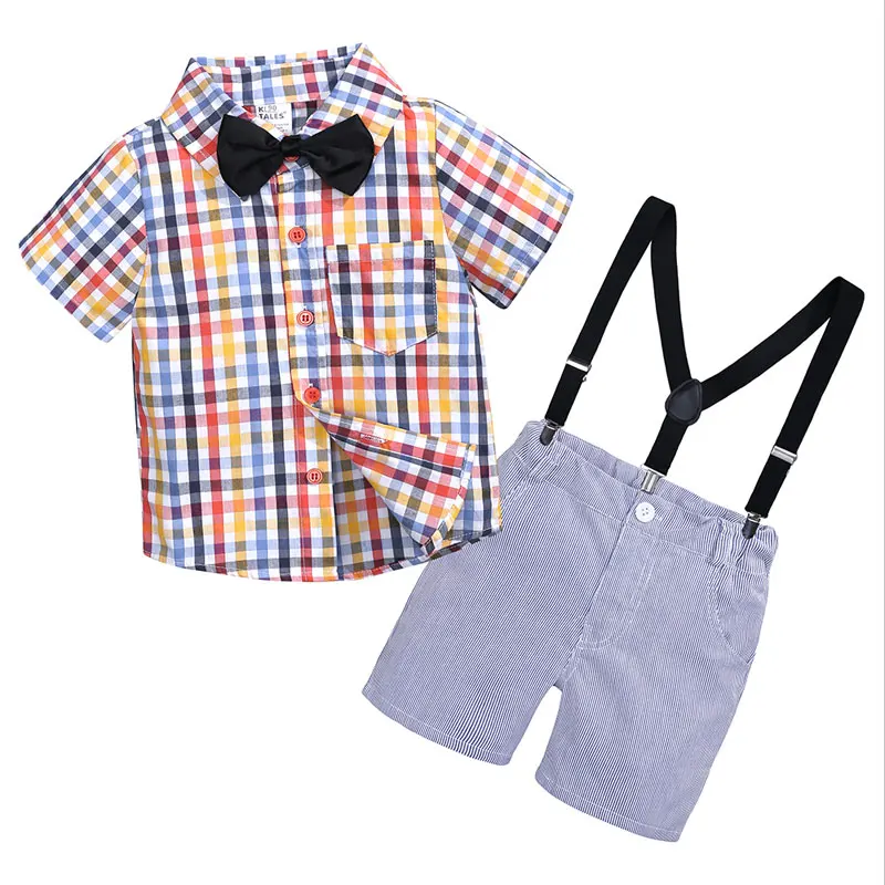 Летние Детские комплекты одежды для мальчиков Повседневный детский комплект одежды для мальчиков, клетчатая рубашка с короткими рукавами+ шорты на бретелях хлопковый комплект из 2 предметов для мальчиков - Цвет: As picture