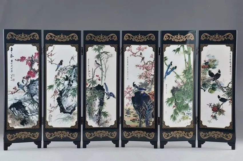 

( Mini ) Exquisite Chinese Classical Lacquer Painting Folding Screen of Birds' Twitter and Fragrance of Flowers