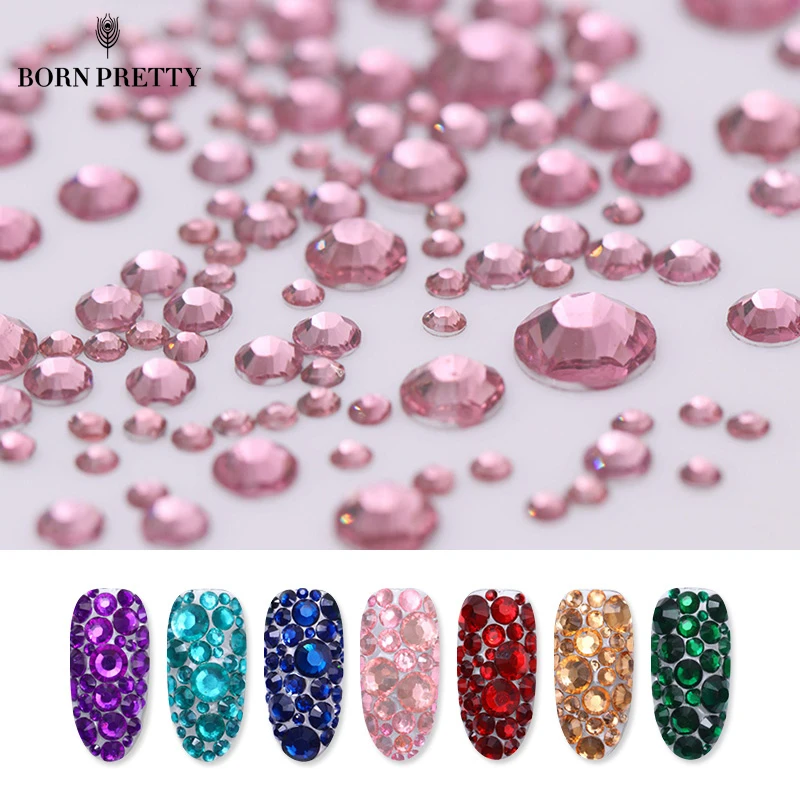  BORN PRETTY 1000Pcs Nail Rhinestone Colorful Flat Bottom Mixed Size Decor Manicure Mixed Size Nail 