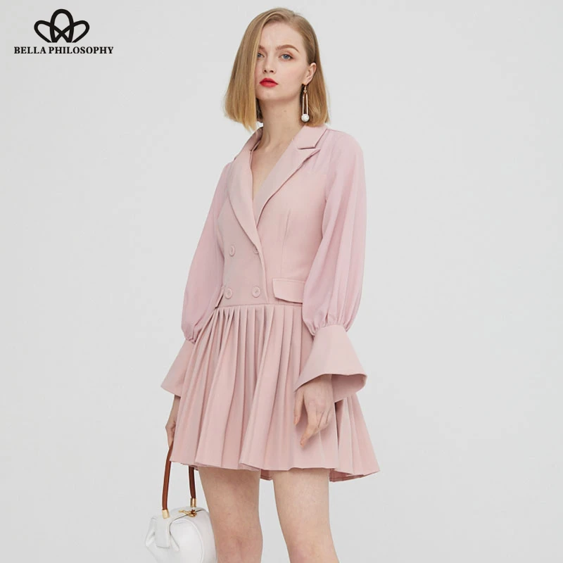 

Bella Philosophy vestidos Celebrity Chiffon Blazer Dress full Flare Sleeve Women v-neck Work Shirt Dress