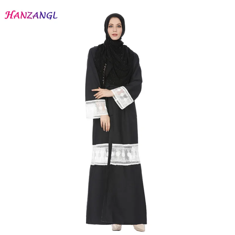 

HANZANGL New Muslim Women Spring Autumn Long Sleeve Lace Dress Malaysian Hui Dresses Dubai Turkey India Cardigan Long Robe