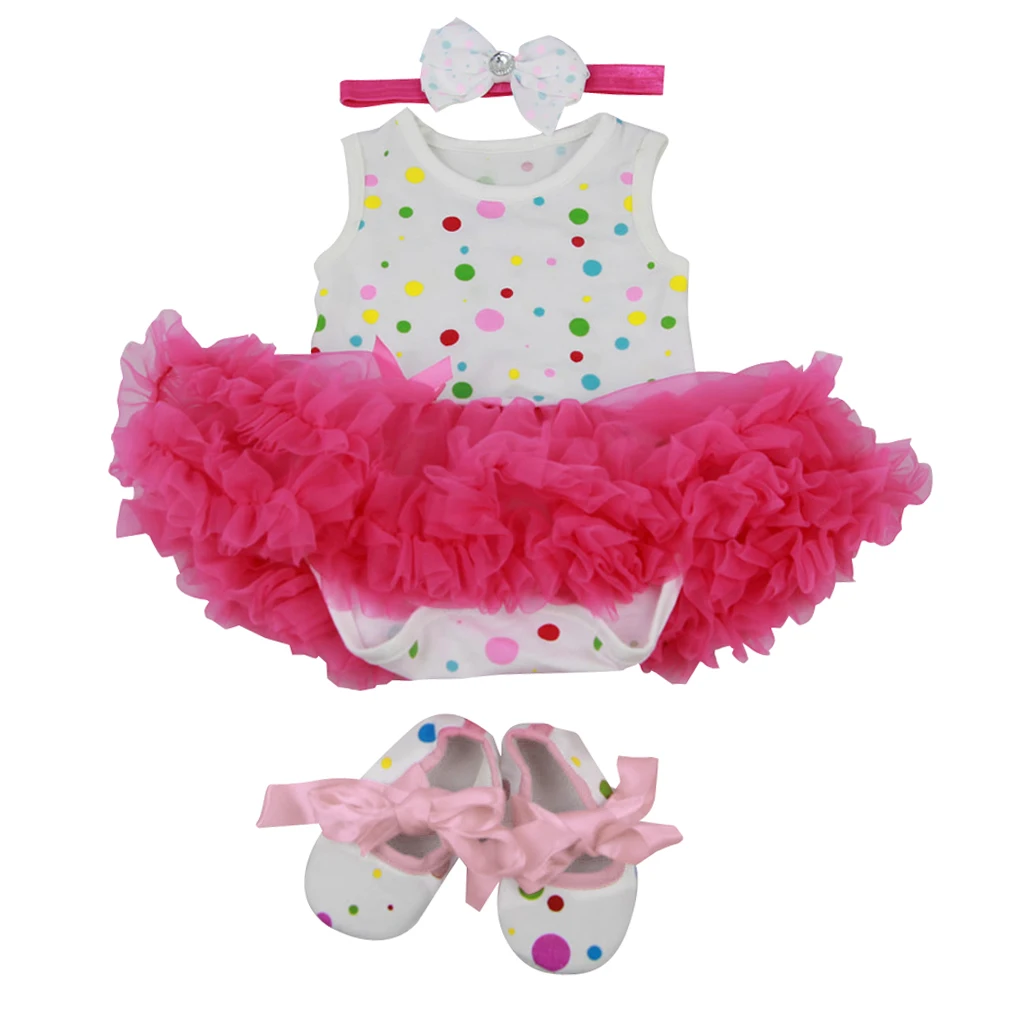 New Arivals Dotted Romper Dress Headband Clothes Set for 22''-23'' New Baby Girl Dress Up Outfit Dollfle Dolls Accessories