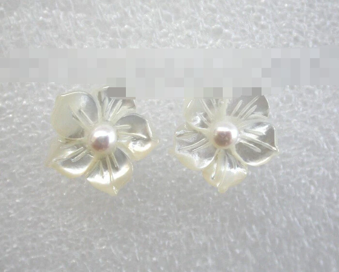 

free shipping 00304 white sea shell flower white pearl earrings