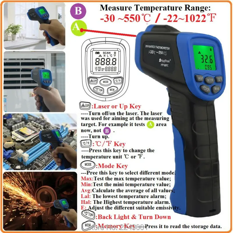 

HoldPeak HP-981C Handheld Digital Ihrared Thermometer Non Contact Laser Temperature Measurement Gun -30-- 550'C / -22'F-- 1022'F