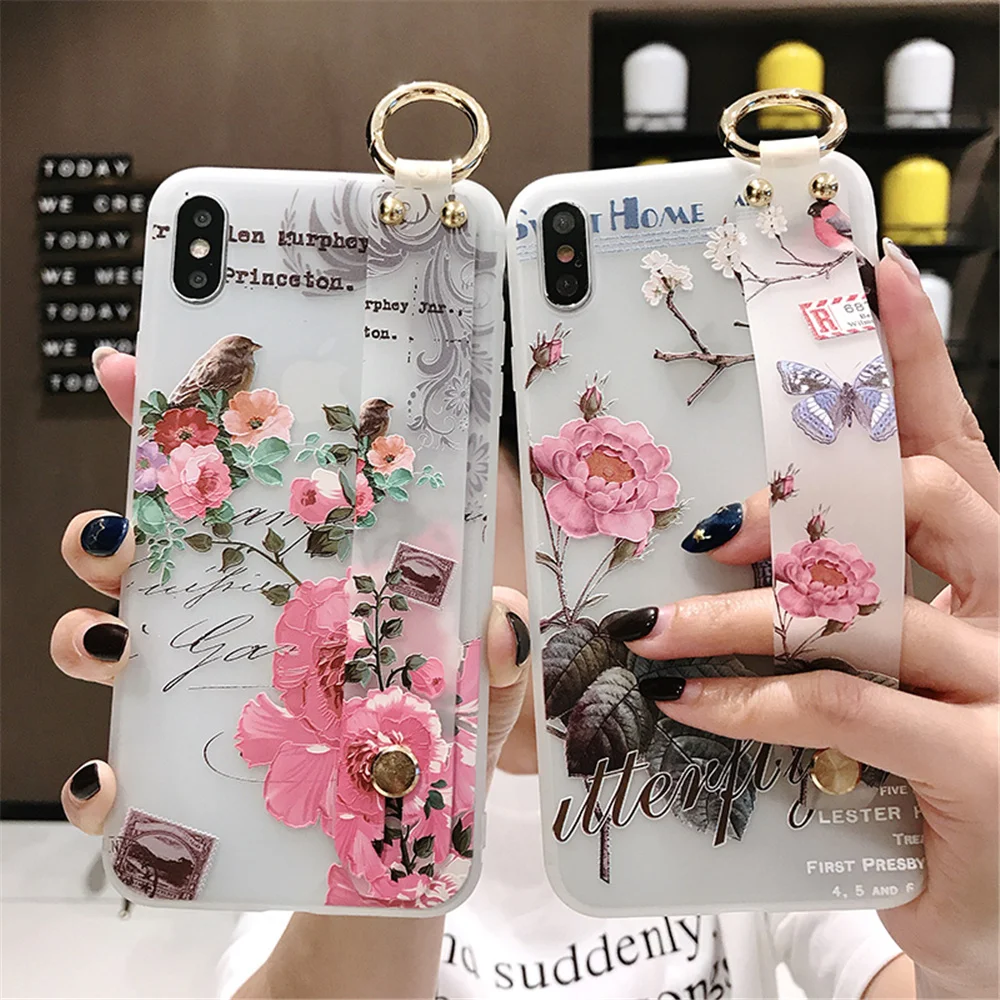 

Floral Wrist Strap for IPhone 7 8 6S 5S SE Plus Phone Case Rose Bird Silicone Cases for Iphone X XR XS MAX Soft Strap Cover Capa