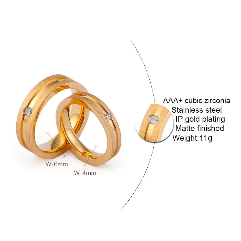 New Personality Cubic Zirconia Couple Engagement Ring Gold Color Stainless Steel Wedding Ring Alliance Jewelry for Women and Men
