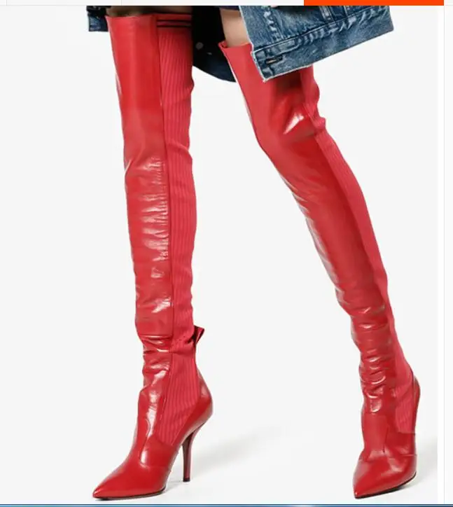 

New fashion women autumn winter boots knitting patchwork overknee high boats pointed toe high heels runway socks long booties