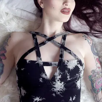 

Strappy Star Shape Backless Bodysuit Women Black Print Sleeveless Summer Beach Hot Navy V Cut Neck Cross Slim Cami Bodysuits