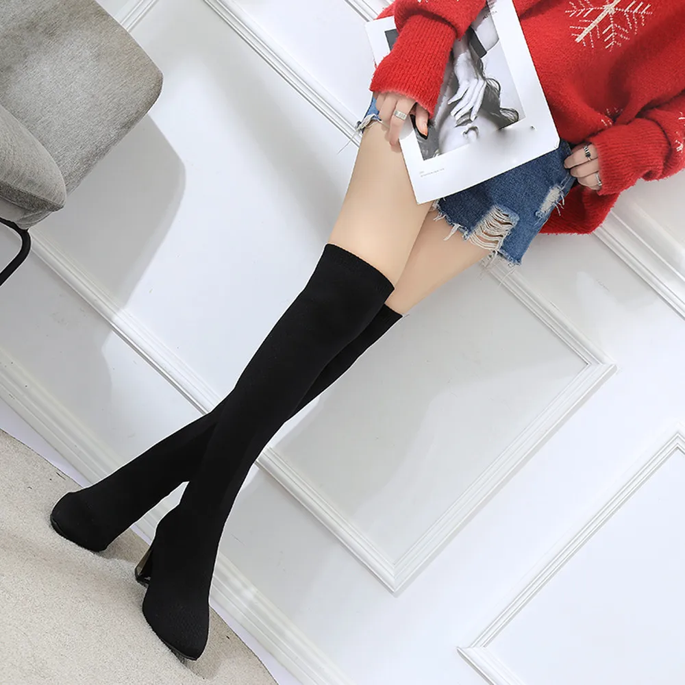 

Womens Martin Boot Keep Warm Shoe Pointed-Toe Flat Elastic Socks Over the Knee scarpe donna elegante #L5
