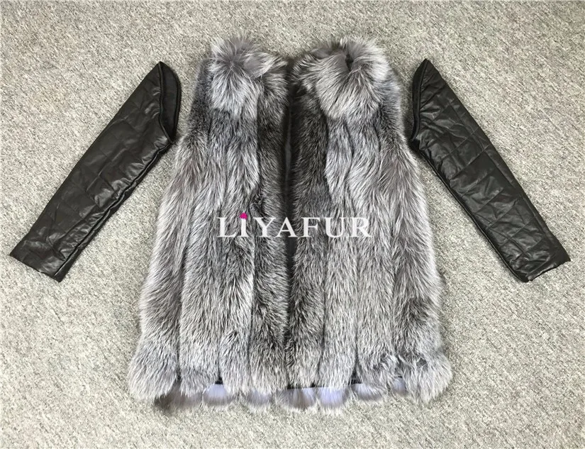 LIYAFUR Women's Real Genuine Full Pelt Silver Fox Fur Long Sleeveless Vest Waistcoat Gilet for Women