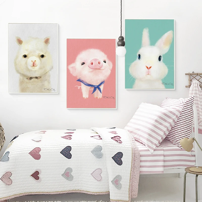 

07G Cute Watercolor Plush Animal Penguin Pig Rabbit A4 A3 A2 Canvas Art Painting Print Poster Picture Wall Baby Room Decoration