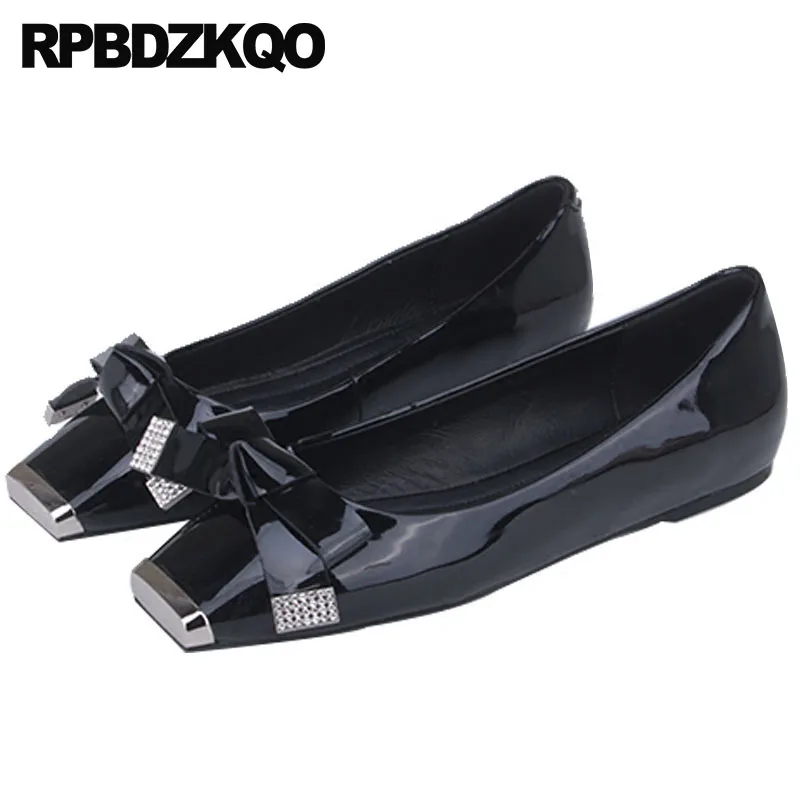 

Work Handmade Patent Leather Office Black Women Flats Shoes With Little Cute Bowtie Bow 5 Rhinestone Genuine Crystal Diamond