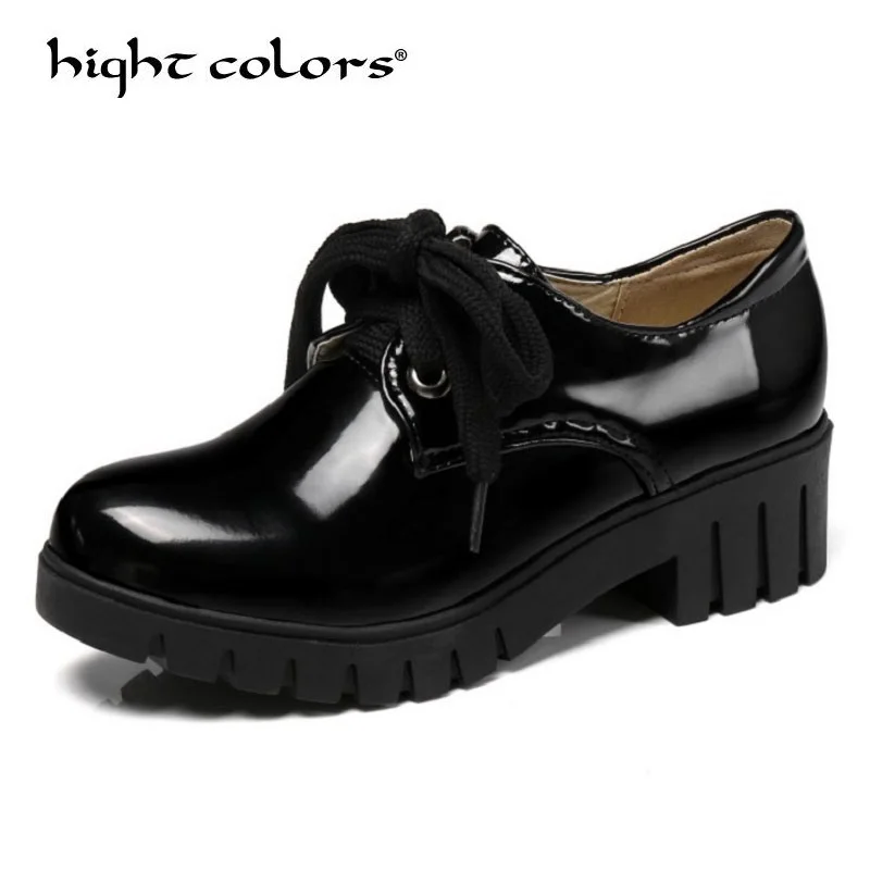

New Black/Beige Spring Patent Leather Lace Up Oxford Shoes For Women Platform Thick Heels Shoes Female Big Size 34~43