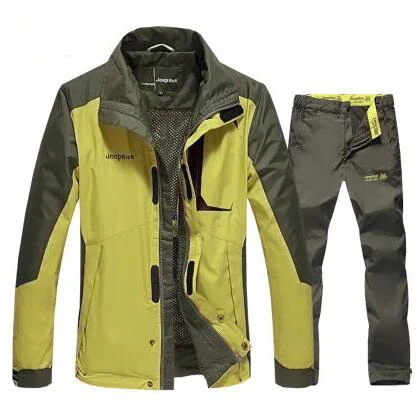 Весенне-осенний походный костюм, Мужская Треккинговая куртка, штаны, Новое мужское пальто для рыбалки, для улицы, Jaqueta, для кемпинга, для походов, спортивная куртка, брюки, 1 комплект - Цвет: Yellow green