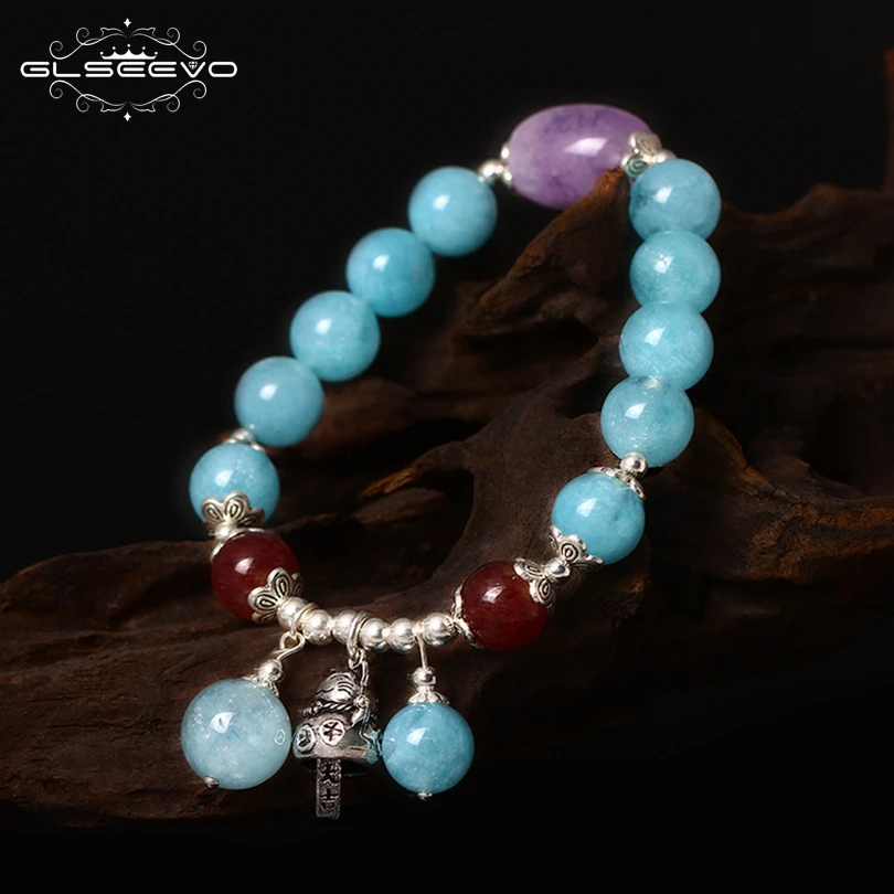 

GLSEEVO 925 Sterling Silver Natural Stone Aquamarine Adjustable Women's Bracelets With Lucky Cat Charms Fine Jewellery GB0096