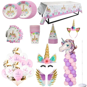 

Unicorn Party Decors Birthday Disposable Tableware Kit Unicorn Balloon Cups Plates Napkin Kids Birthday Unicornio Party Supplies