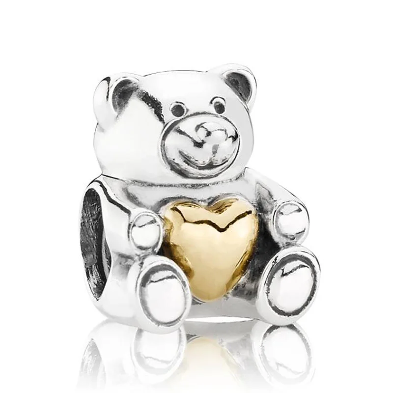 

New 925 Sterling Silver Animal Bead Charm Cute Cartoon Bear With Gold Color Heart Beads Fit Pandora Bracelet Bangle DIY Jewelry