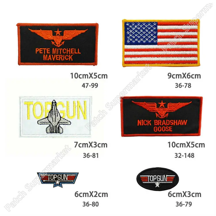 

One Set TOP GUN Patches For Jacket Title Maverick Costume Iron On Badge Insignia Tom Cruise TV Naval Movie series Cosplay Logo