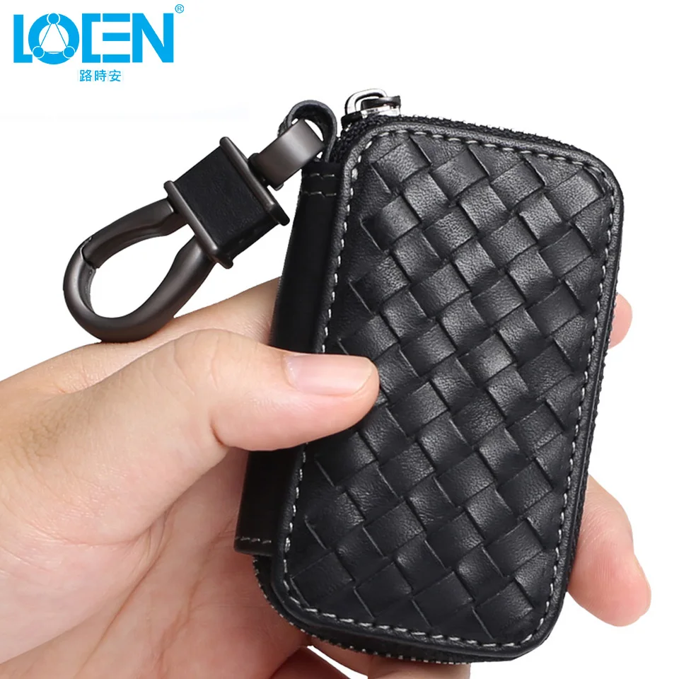 

LOEN Key Case bag Key Case For Car Leather 1PC Universal weave with Zipper keychain Organizer coin wallet purse black brown