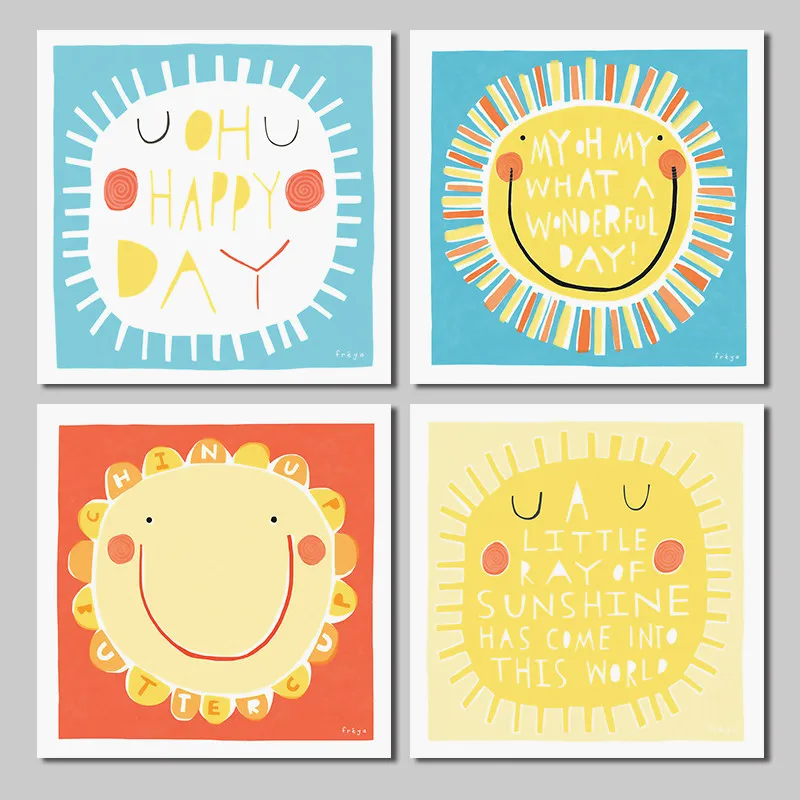 4Pcs/set Lovely Cartoon Sun Smile Decoration Sunshine Wall Art Pictures Posters Canvas Painting ...
