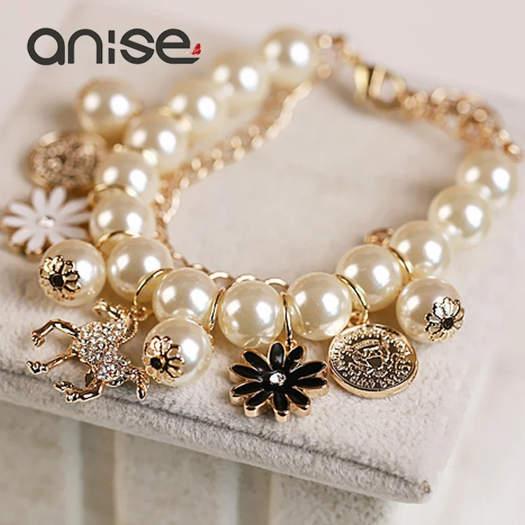 

Anise Fashion Multilayer Imitation Pearl Bracelet Bangles for Women Crystal Horse Flower Pendant Bracelets Female Charm Jewelry