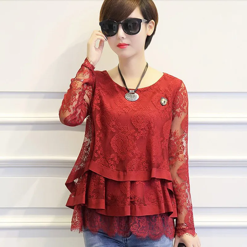 Blusas de M 4XL de talla grande para mujer, Tops de encaje de otoño, Blusa manga larga, camisas rojas, Blusas de encaje, Blusas femeninas C2312|women blouses|blouses sleeve blouse - AliExpress