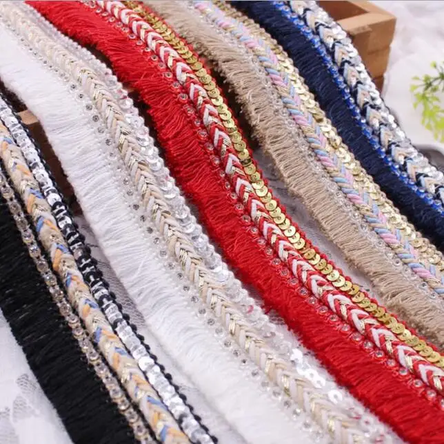 

10yards Beaded Sequins Rhinestone Fringe Lace Trim High-grade Braided Rope Tassel Ribbon DIY Sewing Garment Accessories