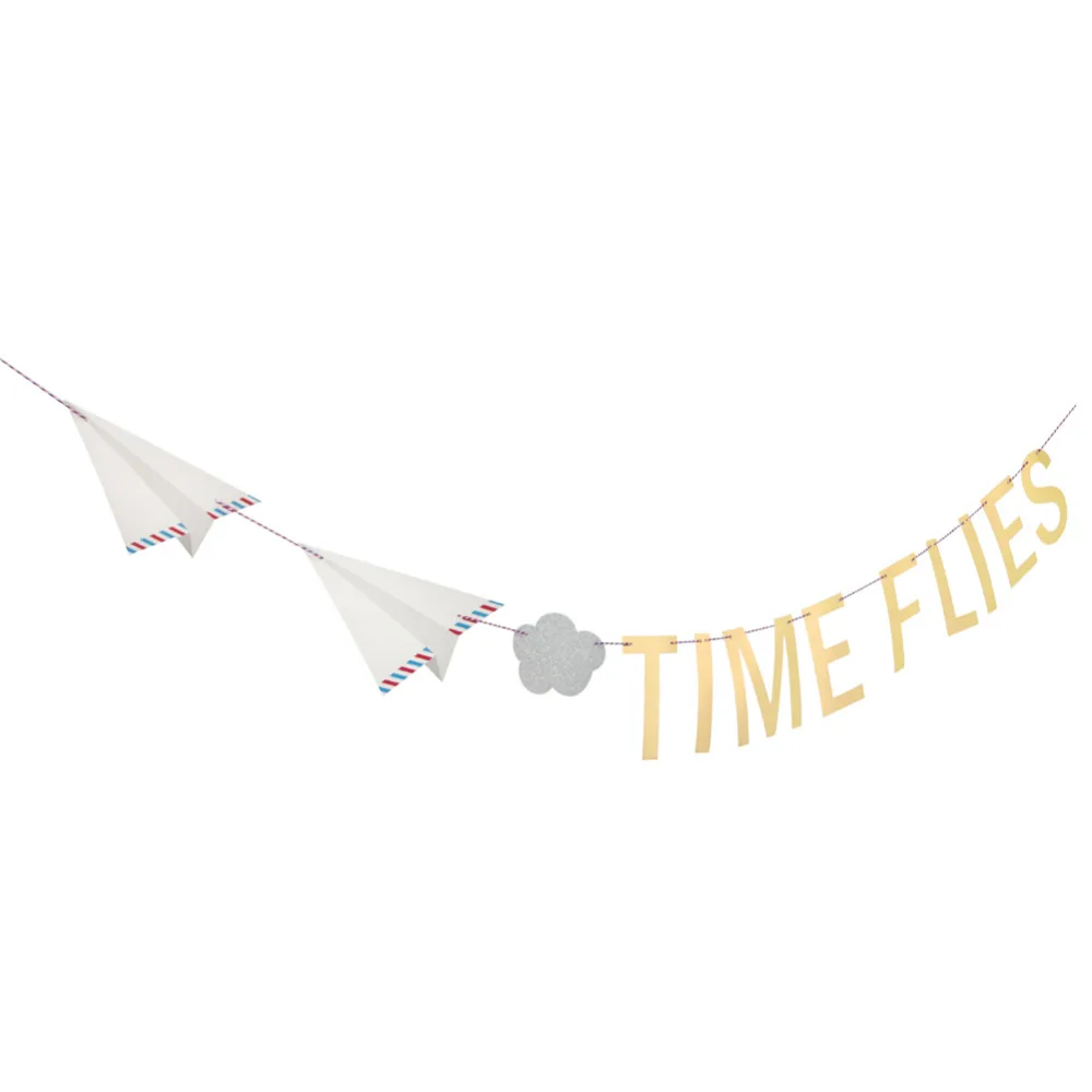 

Vintage TIME FLIES Airplane Clouds Party Banner Paper Bunting Garland Airplane First Birthday Party Decor Baby Boy Shower