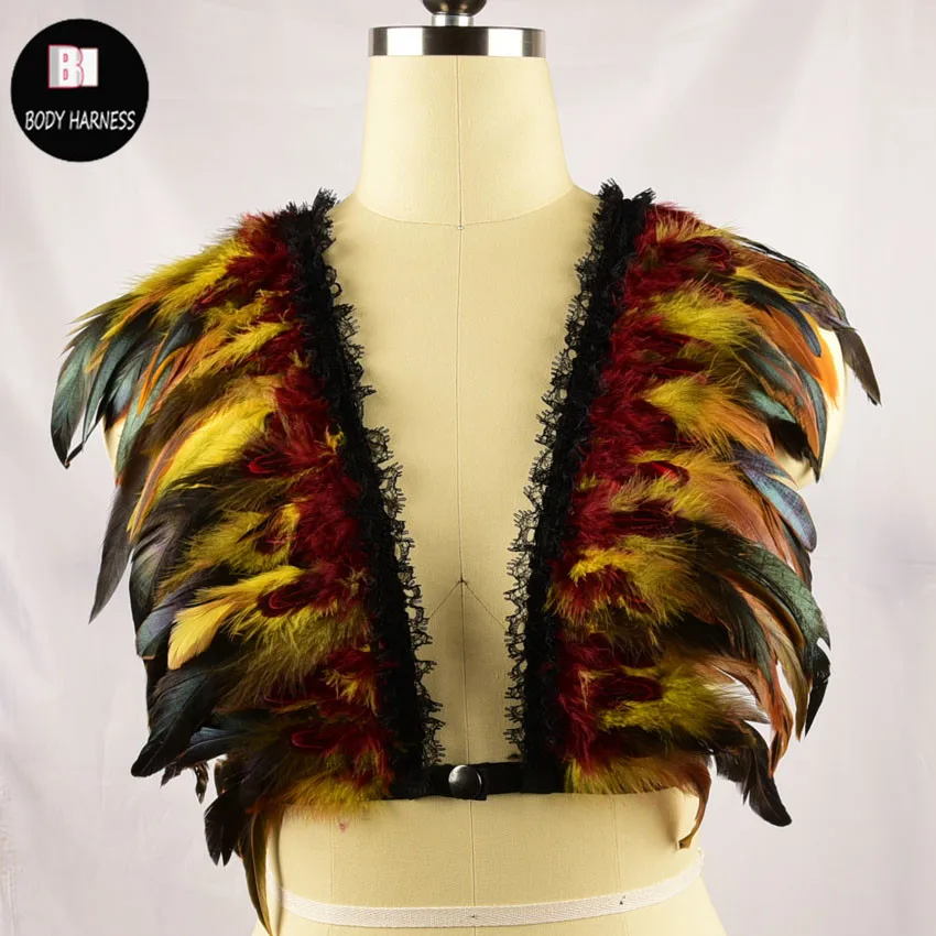 

New Lace feather bra wings womans cage elastic harness top rave bra boho festival vest feather harness fetish wear body harness