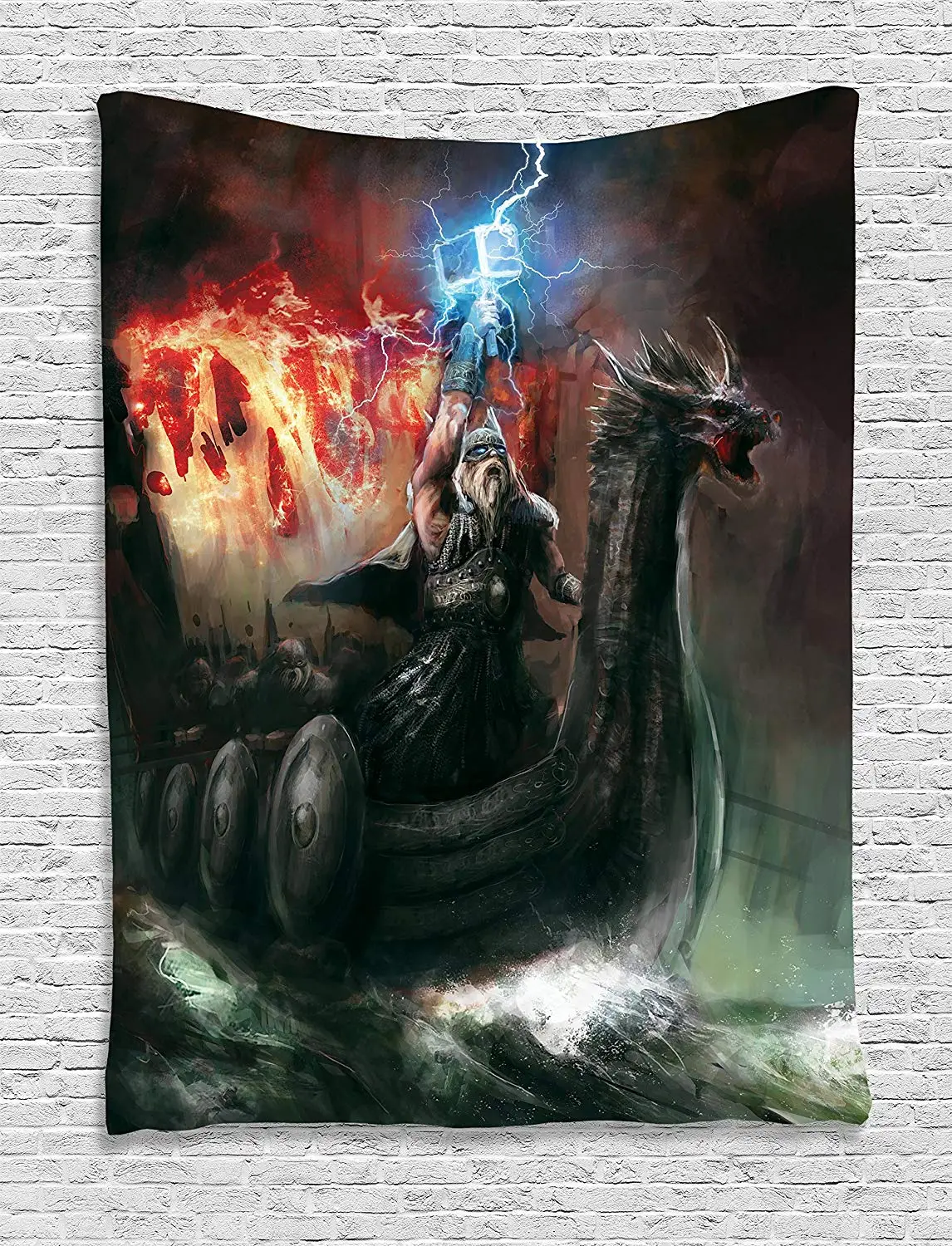 

Dragon Tapestry Wrath Ship Vikings Dragon Boat with Head of Beast in the Storm Print Bedroom Living Room Dorm Wall Hanging