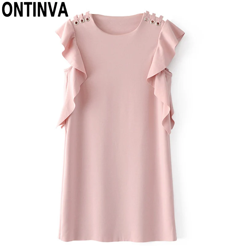 2017 Pink Ruffle Sleeve Dress Women Fashion Hollow Out Wear Round Neck ...