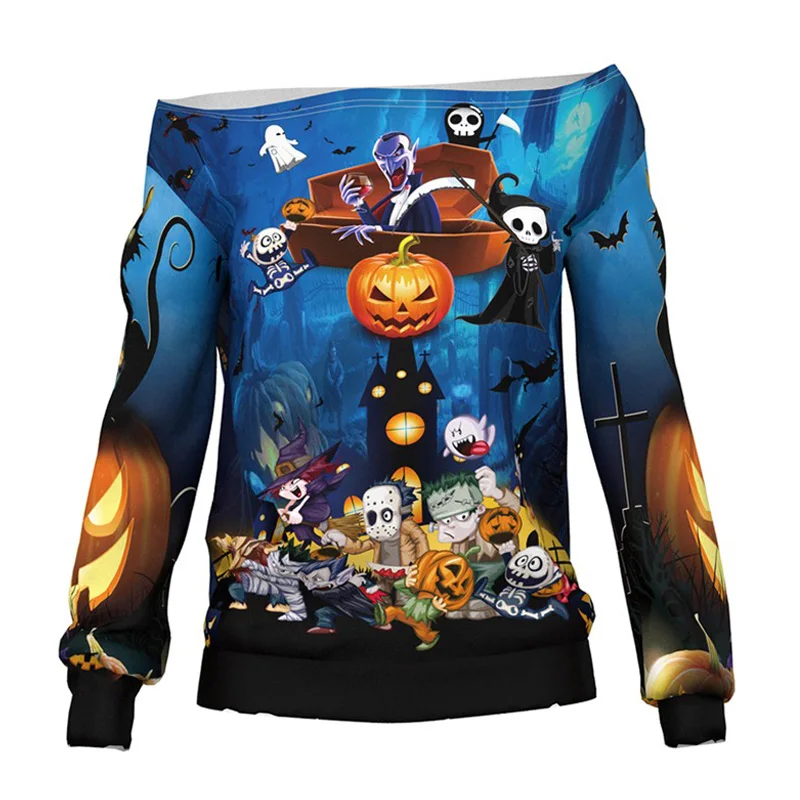 

Halloween Long Sleeve Womens Tee Shirts 3D Skull Pumpkin Joker Autumn Womens T Shirts Casual Ladies Slash Neck T Shirt