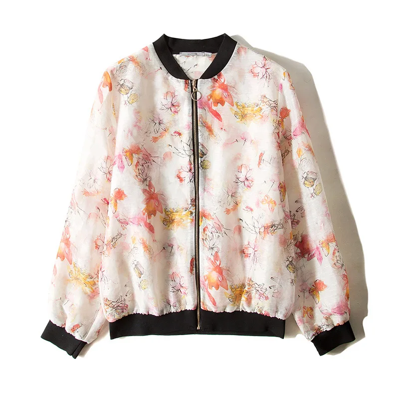 Women Jacket 50%Mulberry Silk 50%Linen Casual Zipper Floral Printed Jackets Fall Winter New Outwear