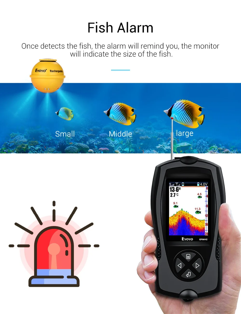 Eyoyo EF001C المحمولة سونار صياد السمك 147ft 45 متر عمق كشف اللون LCD إنذار أسلم المحمولة Fishfinder جذابة مصباح
