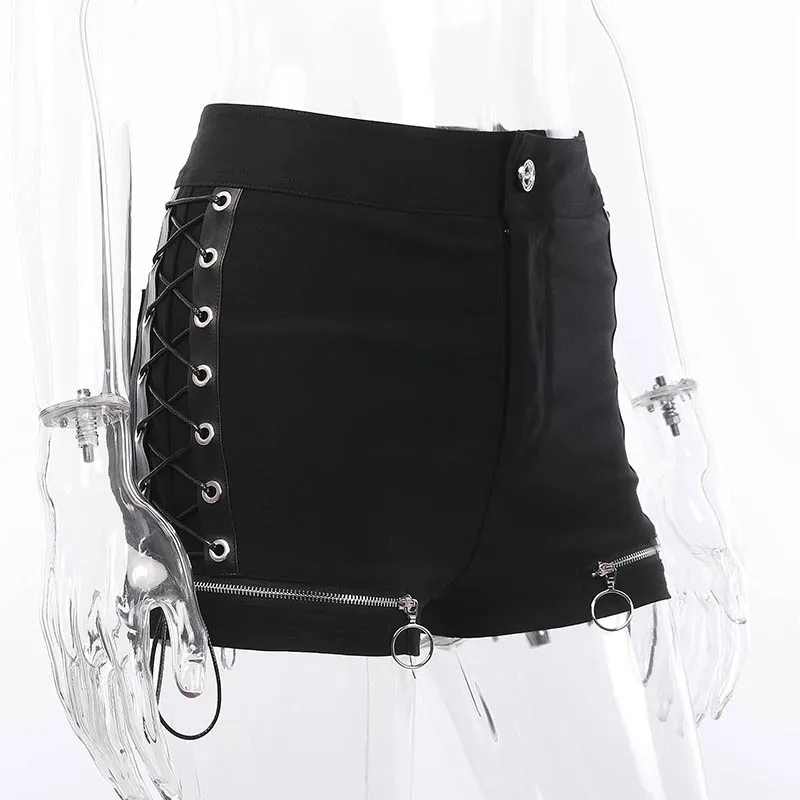 Summer Hot Shorts Women Black High Waist Bandage Casual Shorts Zipper Hollow Out Sexy Bodycon Female Gothic Black Mini Shorts