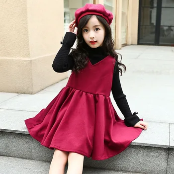 

Quality Kids Girls winter velvet Princess Dresses Child Fashion Wool Vest Dress + Beret Hat 2pcs Set Cute Girls Thick Warm Dress