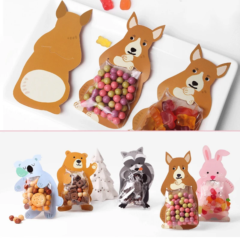 10pcs/lot Candy Box Bear Greeting Cards Birthday Party Animal Popular Baby Shower Rabbit Gift Bags Candy Bags Cute Cookie Bags