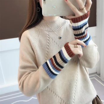 

2020 Small and Fresh Sweaters Women's New Coloured Sleeve Half-high Collar Show Slender and Lazy Wind Knitted Sweaters