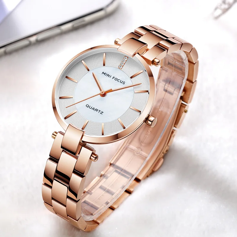 MINI FOCUS Women's Rose Gold Wrist Watches Simple Stainless Steel Bracelet Waterproof Dress Quartz Watch for Lady Woman 0224Rose