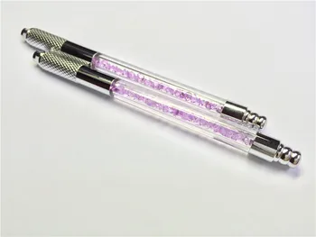 

Freeshipping 10Pcs/Lot Newest Pink Crystal Permanent Makeup Eyebrow Tattoo Manual Pen With 50Pcs 14Pins Tattoo Blade