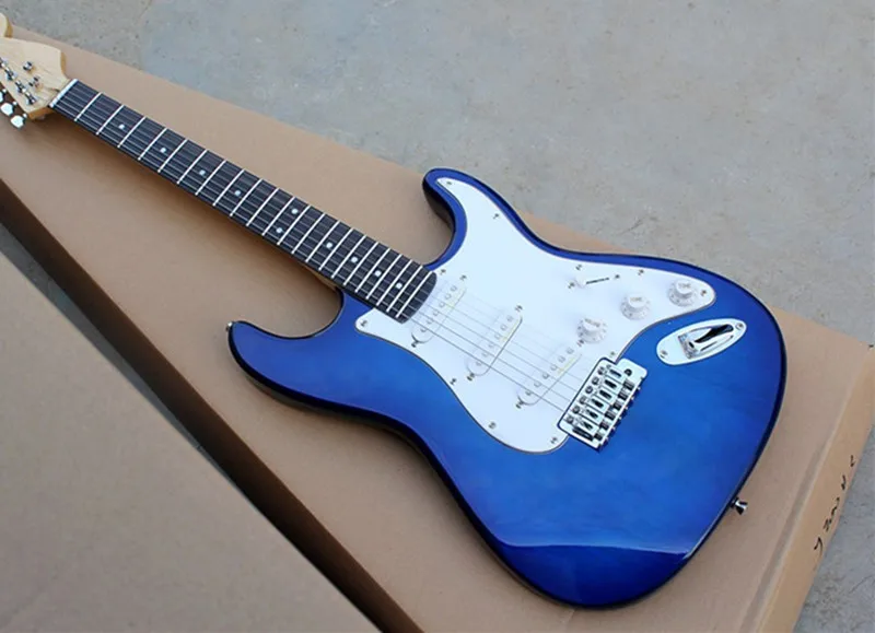 Wholesale metal blue body electric guitar and SSS pickup, White Pickguard, Rosewood Fretboard, provide customized, free deliver Wholesale metal blue body electric guitar and SSS pickup, White Pickguard, Rosewood Fretboard, provide customized, free deliver