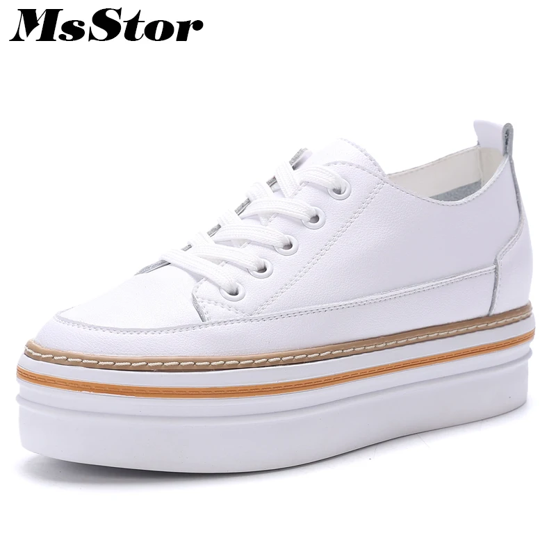 

MsStor Natural Leather Round Toe Women Flats Fashion Ladies Flat Casual Shoes 2018 Cross Tied Women White Skateboarding Shoes