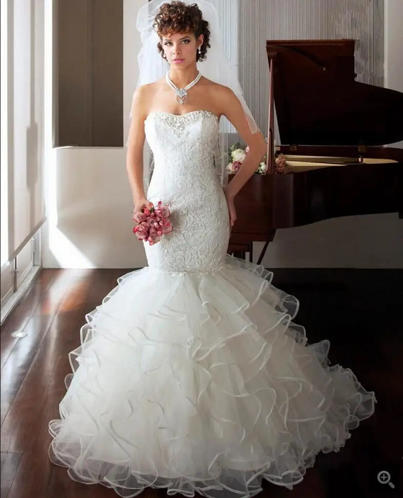 Vestidos De Noiva без бретелек русалка белое кружево свадебное платье гофрированное