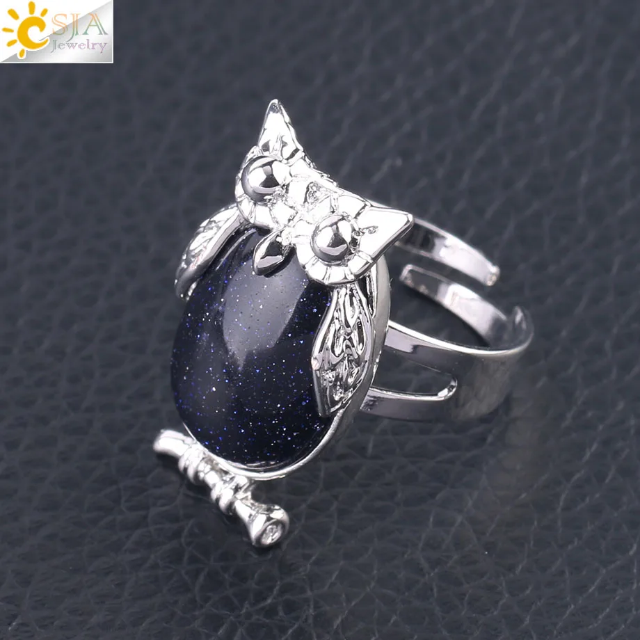 CSJA милая сова женское кольцо на палец натуральный камень бусина кабошон Регулируемые кольца серебряный цвет милые животные очаровательные вечерние ювелирные изделия F566 - Цвет основного камня: Blue Sand