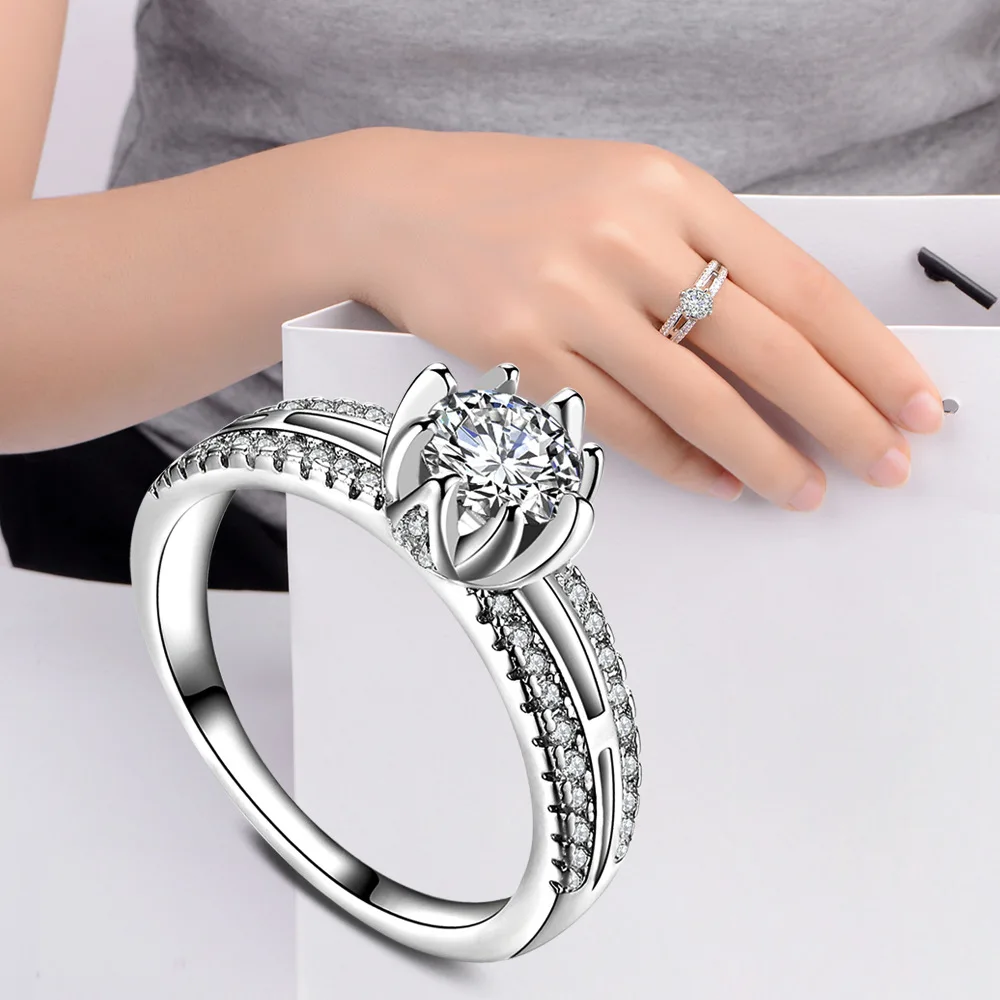 

KOFSAC 925 Sterling Silver Rings Exquisite Shiny 3A Zircon Micro Inlay Lotus Rings For Women Wedding Engagement Fashion Jewelry