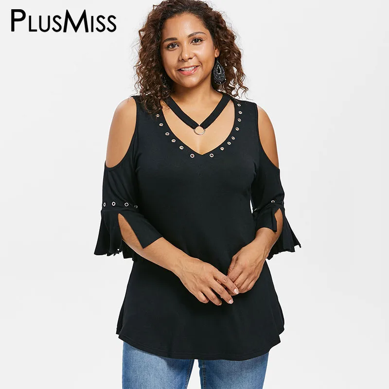 

PlusMiss Plus Size 5XL Cold Shoulder Split Sleeve Sexy Tops Women Large Size Summer V Neck Long Blouse Female XXXXL XXXL XXL